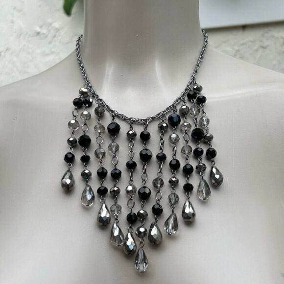 Fringe Rhinestone Choker Statement Necklace Black & Silver Crystals Silver Chain - Picture 1 of 4
